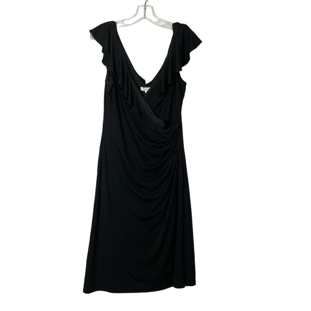 NWT WHBM Black Knit Ruffle V-Neck Side Ruched Dress Womens